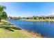 Backyard view of a charming home with a tranquil pond, lush greenery, and tropical palm trees at 156 Nolen Dr, Venice, FL 34292