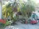 Close-up of the front entrance, landscaped with palm trees and various potted plants at 26191 Angelica Rd, Punta Gorda, FL 33955