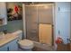 Bathroom featuring a shower with sliding glass doors, toilet, and framed artwork on the wall at 3021 Holly Ave, Englewood, FL 34224