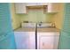 A compact laundry room fitted with a washer and dryer unit, neatly tucked behind colorful doors at 405 Pine Hollow Cir # 405, Englewood, FL 34223