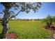 Expansive backyard with lush green grass, mature trees, and a water fountain in the distance at 4308 Summertree Rd, Venice, FL 34293