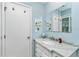 Cozy bathroom features a marble countertop vanity and mirror and is adorned with ocean-themed artwork at 2955 N Beach Rd # D123, Englewood, FL 34223