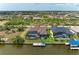 Stunning aerial view of the backyard, pool, dock, and waterways with nearby neighborhood in the distance at 8304 Antwerp Cir, Port Charlotte, FL 33981