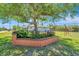 Serene backyard view showcasing a large tree with a flower bed feature and a swing set at 13443 Boabadilla Ln, Port Charlotte, FL 33981