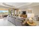 Bright living room with neutral tones, tray ceiling, large couch, and view to outdoor space at 24181 Gallberry Dr, Venice, FL 34293