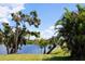 Scenic lake view with lush tropical landscaping featuring palm trees and blue sky, creating a serene outdoor atmosphere at 76 Sportsman Rd, Rotonda West, FL 33947