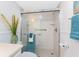 Bright bathroom featuring a large glass-enclosed shower with a handrail and decorative accents at 2955 N Beach Rd # D113, Englewood, FL 34223