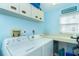 Functional laundry room with washer, dryer, cabinets, and a light blue color scheme at 7466 Palm Island Dr # 2913, Placida, FL 33946