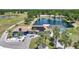 Aerial view of a blue home with a pool, screened enclosure, solar panels, and scenic pond at 24805 Nova Ln, Punta Gorda, FL 33980