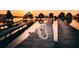 Golden retriever sits on a wooden dock with stilt houses in the background at sunset at 6062 Spinnaker Blvd, Englewood, FL 34224