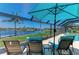 Outdoor patio features comfortable seating, an umbrella, and views of the canal and pool at 9404 Arnaz Cir, Port Charlotte, FL 33981
