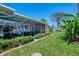 Home backyard with a screened lanai, lush green grass, and privacy landscaping at 1585 Poinciana Rd, Venice, FL 34293