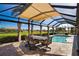 Screened lanai featuring a beautiful pool, patio, dining area, and view of the landscaped yard at 35 Medalist Rd, Rotonda West, FL 33947
