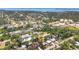 Aerial view of residential neighborhood featuring lush green trees and an ocean view in the background at 521 Artists Ave, Englewood, FL 34223