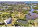 Aerial shot of a residential neighborhood with waterfront access and mature trees at 760 S Oxford Dr, Englewood, FL 34223