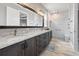 Modern bathroom with double vanity, marble countertops, and a spacious tiled shower with rainfall showerhead at 10115 Long Branch St, Port Charlotte, FL 33981