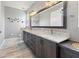 Bathroom featuring double sinks, marble countertops, wood-look flooring, and decorative fish wall art at 10115 Long Branch St, Port Charlotte, FL 33981