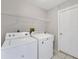 Functional laundry room features washer, dryer, storage shelf and white door at 1035 Riggs St, Port Charlotte, FL 33952