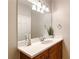 Bathroom features a vanity with white countertops, wooden cabinets, and decorative accents at 1318 Ballota Ln, North Port, FL 34289