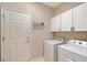 Functional laundry room with a modern washer and dryer, storage cabinets, and convenient access to the exterior at 1318 Ballota Ln, North Port, FL 34289