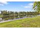 Scenic backyard view with lush greenery and a tranquil pond, creating a peaceful setting at 1339 Backspin Dr, Englewood, FL 34223