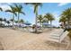 Relaxing community pool area featuring lounge chairs and blue umbrellas surrounded by many tropical palm trees at 23590 Copperleaf Dr, Venice, FL 34293