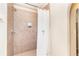 Shower features tile walls and a shower curtain with palm tree design at 3593 Birmingham Ln, North Port, FL 34288