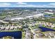 High-angle aerial view of homes with backyard pools in a community near shopping centers and highways at 4115 Hemingway Dr, Venice, FL 34293