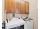 A bright laundry room features wooden cabinets over a new, modern washer and dryer set at 161 Haddock Dr, Rotonda West, FL 33947