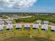 Aerial view of a home with a screened-in pool, located in a community surrounded by lakes and landscaping at 8244 Shore Lake Dr, Englewood, FL 34224