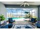 Inviting screened-in pool with stylish seating area and a view of the lake for outdoor relaxation and entertainment at 8244 Shore Lake Dr, Englewood, FL 34224