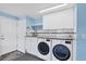Laundry room with a front loading washer and dryer, white cabinetry, and tile backsplash at 142 Sunaire Ter, Nokomis, FL 34275