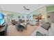 Bright living room with a ceiling fan, stylish furniture, and decor, offering a modern and comfortable living space at 171 Mark Twain Ln, Rotonda West, FL 33947