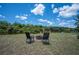 A backyard featuring a pair of lawn chairs surrounding a fire pit with a canal in the background at 6417 Klaus Ct, Port Charlotte, FL 33981
