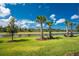 Backyard view features green grass, palm trees, and a beautiful lake with manicured landscaping at 13859 Vadini St, Venice, FL 34293