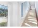 Bright staircase featuring carpeted stairs, white walls, and a view of palm trees at 6430 Manasota Key Rd, Englewood, FL 34223