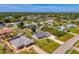 Wide aerial perspective of a residential area with a single-story home, manicured lawn, and a screened-in porch at 9869 Gulfstream Blvd, Englewood, FL 34224