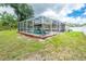 Gorgeous screened-in pool with outdoor seating, surrounded by a lush green lawn at 1247 Nora Ln, North Port, FL 34286