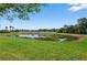 Scenic view of a tranquil pond surrounded by lush green grass and mature trees at 2592 Brassica Dr, North Port, FL 34289