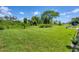 Spacious backyard is beautifully manicured with lush grass and mature trees, ideal for outdoor activities at 423 Boundary Blvd, Rotonda West, FL 33947