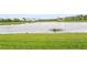 A serene backyard view showcases a lush green lawn extending to a peaceful pond surrounded by palm trees at 10258 Morning Mist Ln, Sarasota, FL 34241