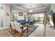 Elegant living room with a blue sectional, stylish rug, and sliding glass doors overlooking the lake at 10258 Morning Mist Ln, Sarasota, FL 34241
