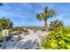 Charming sandy path leading to a serene beach with lush greenery and a palm tree at 7554 Palm Island S Dr # 1813, Placida, FL 33946