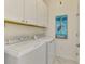 Convenient laundry room with modern washer and dryer, bright white cabinetry, and a stylish heron wall art at 10788 Tarflower Dr # 201, Venice, FL 34293