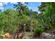 A backyard garden features whimsical art sculptures surrounded by lush tropical plants at 1733 Belvidere Rd, Englewood, FL 34223