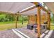 Stylish backyard patio with pergola cover, comfortable seating, and view of the green lawn at 2679 Armenia Rd, North Port, FL 34286