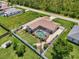 An aerial view of the backyard featuring a pool and a fenced yard with landscaping at 7218 Darlington St, Englewood, FL 34224
