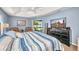 Comfortable main bedroom features a ceiling fan, TV, and sliding glass door for easy outdoor access at 7933 Minardi St, North Port, FL 34291