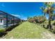 Long grassy yard with a screened-in pool and palm trees, a great place to relax or play at 11044 Hogan Cir, Englewood, FL 34223