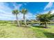 Scenic backyard view with palm trees, lush green grass, and a tranquil pond reflecting the blue sky at 1530 Hyssop Loop, North Port, FL 34289